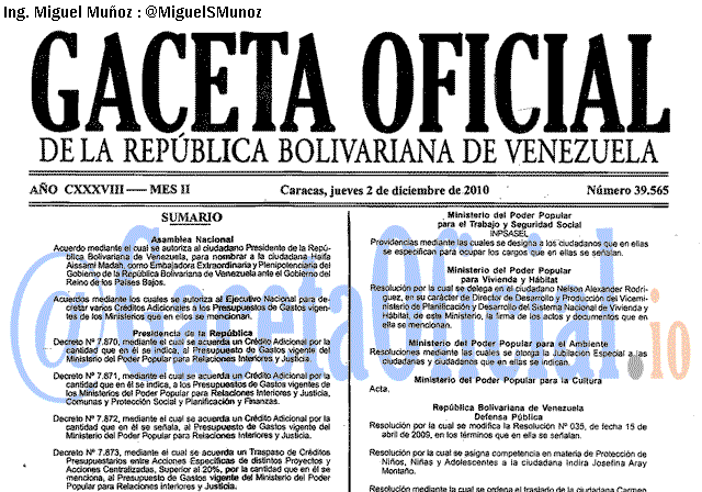 Gaceta Oficial 39565 del 2 Diciembre 2010