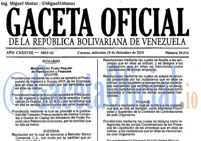 Gaceta Oficial 39574 del 15 Diciembre 2010