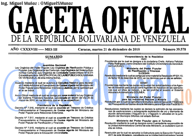 Gaceta Oficial 39578 del 21 Diciembre 2010