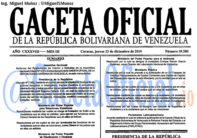 Gaceta Oficial 39580 del 23 Diciembre 2010