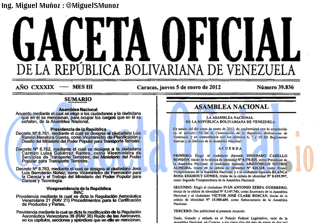 Gaceta Oficial 39836 del 5 Enero 2012