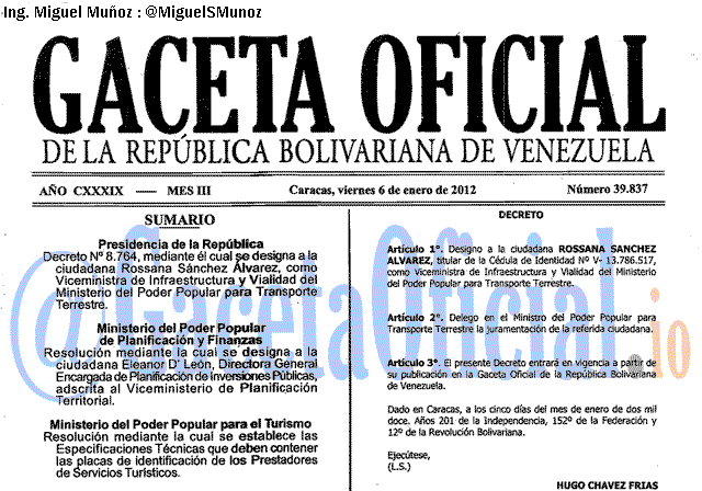 Gaceta Oficial 39837 del 6 Enero 2012