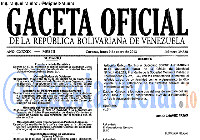Gaceta Oficial 39838 del 9 Enero 2012