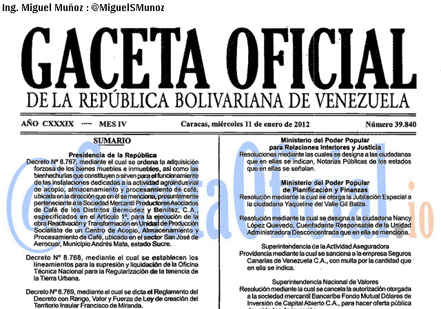 Gaceta Oficial 39840 del 11 Enero 2012