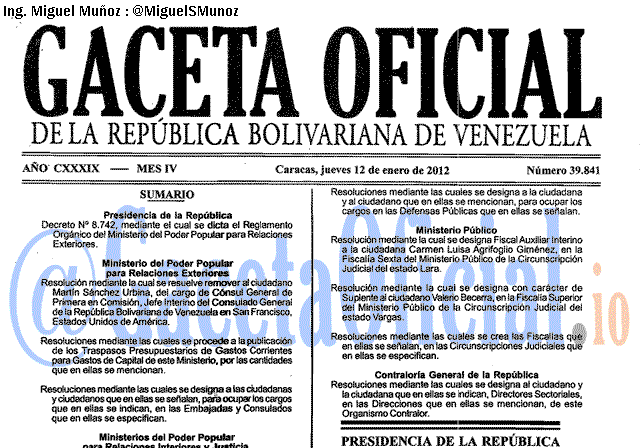 Gaceta Oficial 39841 del 12 Enero 2012