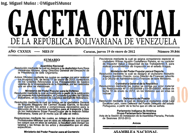 Gaceta Oficial 39846 del 19 Enero 2012