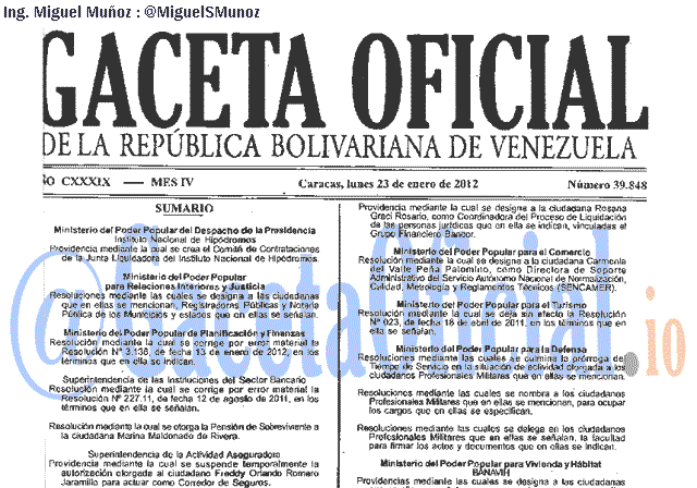 Gaceta Oficial 39848 del 23 Enero 2012