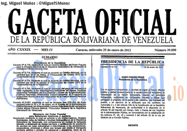 Gaceta Oficial 39850 del 25 Enero 2012