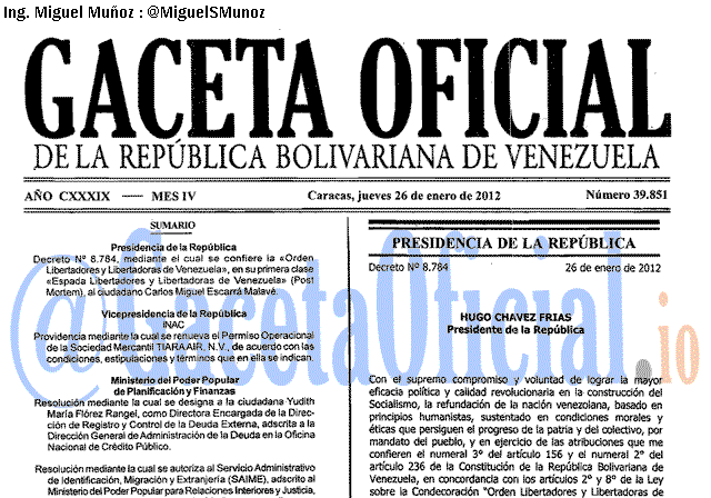 Gaceta Oficial 39851 del 26 Enero 2012