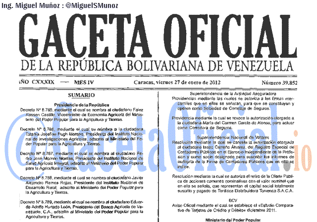 Gaceta Oficial 39852 del 27 Enero 2012
