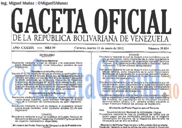 Gaceta Oficial 39854 del 31 Enero 2012