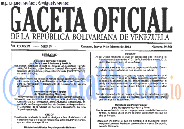 Gaceta Oficial 39861 del 9 Febrero 2012