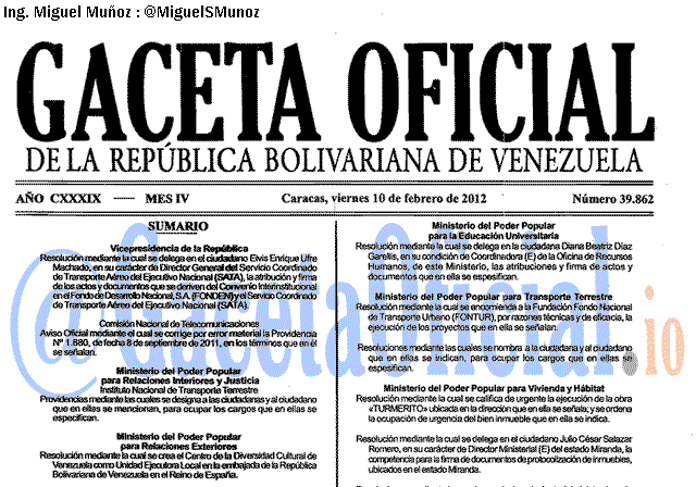Gaceta Oficial 39862 del 10 Febrero 2012