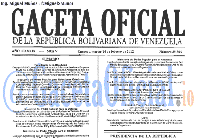 Gaceta Oficial 39864 del 14 Febrero 2012