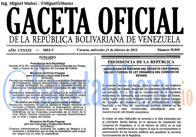 Gaceta Oficial 39865 del 15 Febrero 2012