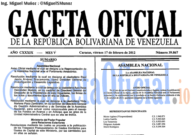 Gaceta Oficial 39867 del 17 Febrero 2012