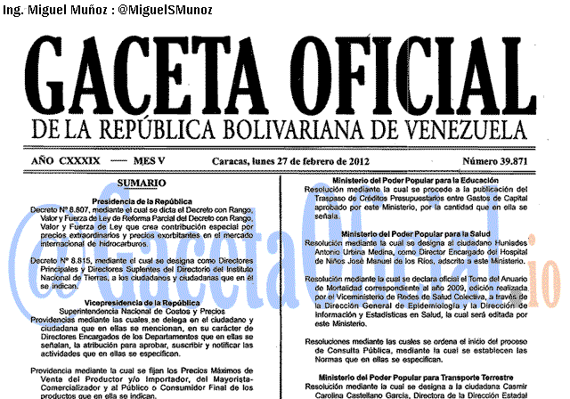 Gaceta Oficial 39871 del 27 Febrero 2012