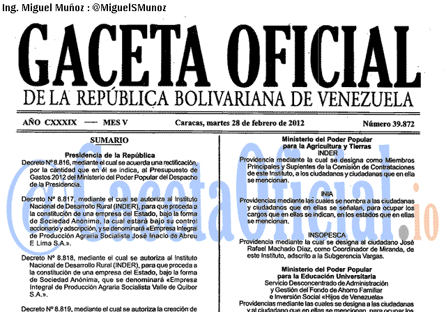 Gaceta Oficial 39872 del 28 Febrero 2012