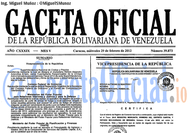 Gaceta Oficial 39873 del 29 Febrero 2012