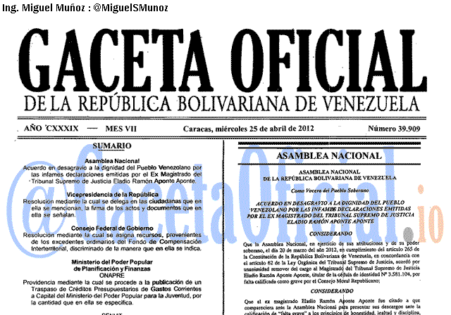 Gaceta Oficial 39909 del 25 Abril 2012