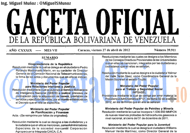 Gaceta Oficial 39911 del 27 Abril 2012