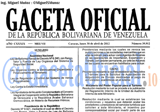 Gaceta Oficial 39912 del 30 Abril 2012