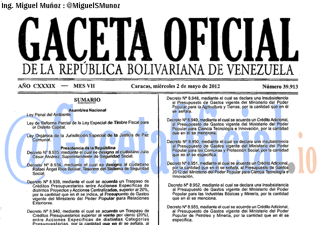 Gaceta Oficial 39913 del 2 Mayo 2012