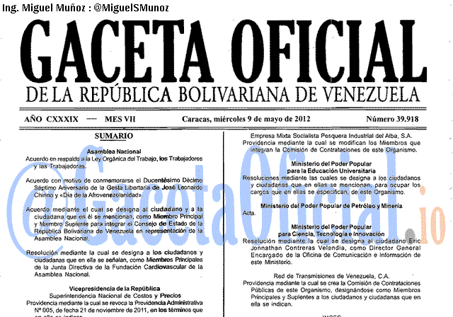 Gaceta Oficial 39918 del 9 Mayo 2012