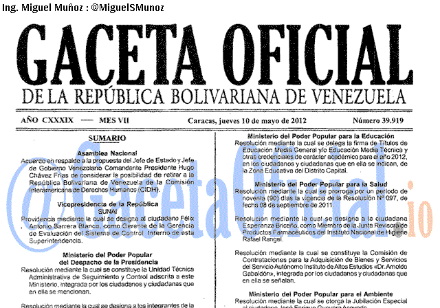 Gaceta Oficial 39919 del 10 Mayo 2012