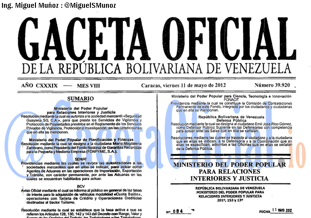 Gaceta Oficial 39920 del 11 Mayo 2012