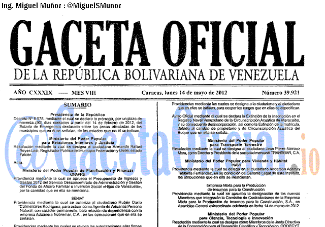 Gaceta Oficial 39921 del 14 Mayo 2012