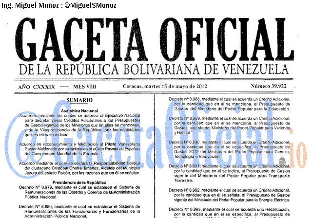 Gaceta Oficial 39922 del 15 Mayo 2012