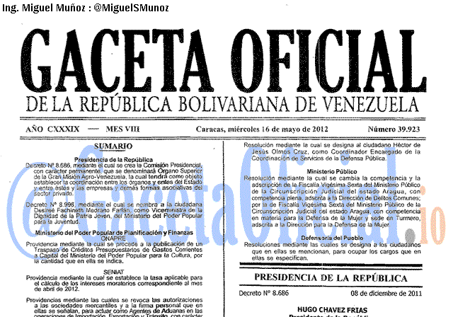 Gaceta Oficial 39923 del 16 Mayo 2012