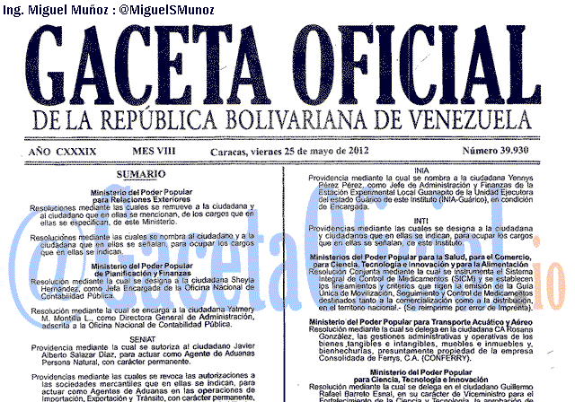 Gaceta Oficial 39930 del 25 Mayo 2012