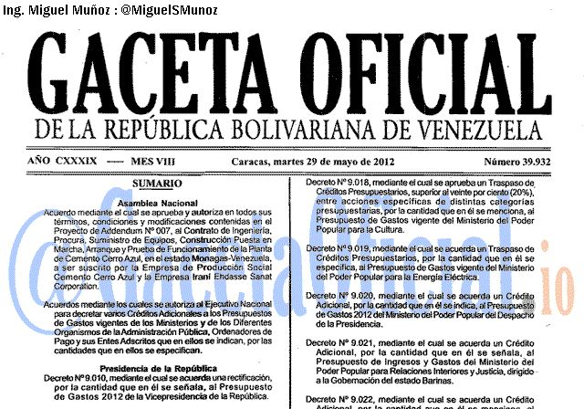 Gaceta Oficial 39932 del 29 Mayo 2012
