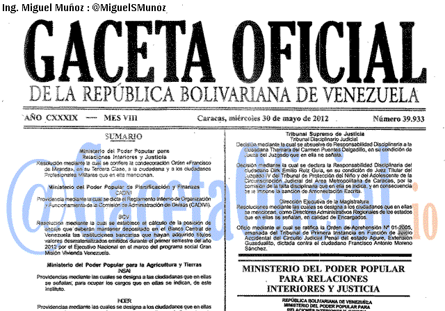 Gaceta Oficial 39933 del 30 Mayo 2012