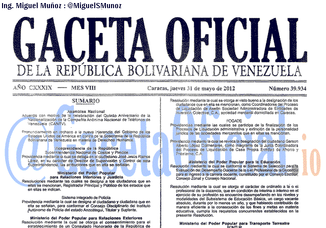 Gaceta Oficial 39934 del 31 Mayo 2012
