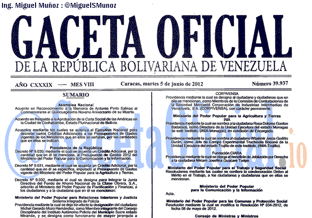 Gaceta Oficial 39937 del 5 Junio 2012