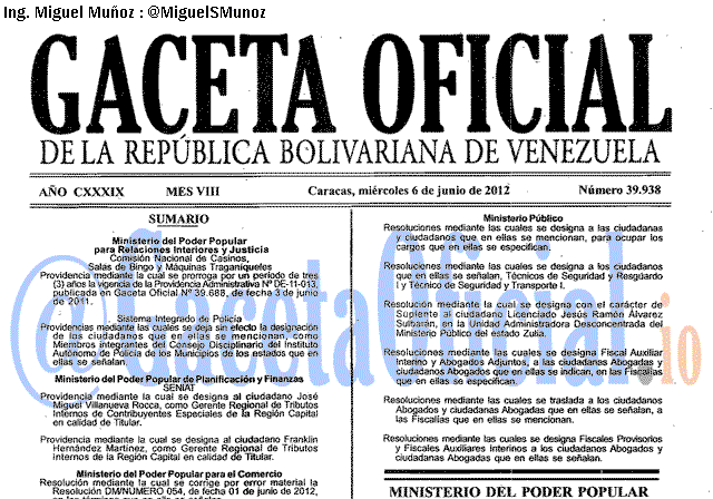 Gaceta Oficial 39938 del 6 Junio 2012