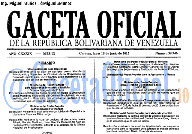 Gaceta Oficial 39946 del 18 Junio 2012