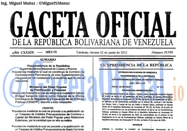 Gaceta Oficial 39950 del 22 Junio 2012