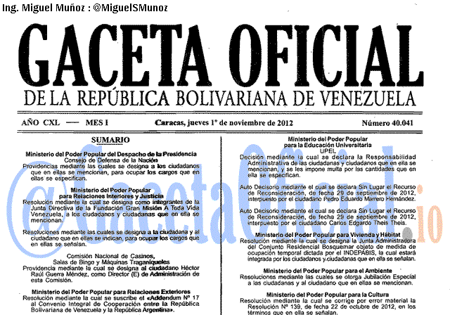 Gaceta Oficial 40041 del 1 Noviembre 2012