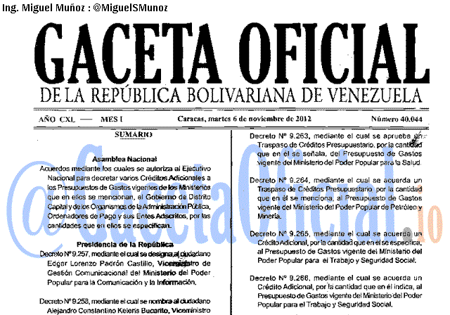 Gaceta Oficial 40044 del 6 Noviembre 2012