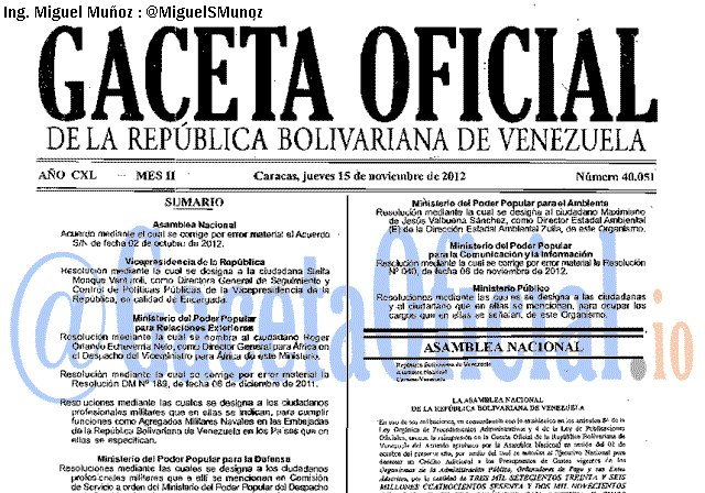 Gaceta Oficial 40051 del 15 Noviembre 2012