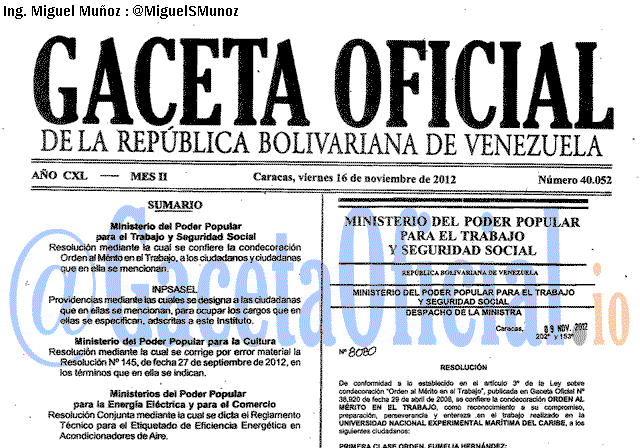 Gaceta Oficial 40052 del 16 Noviembre 2012