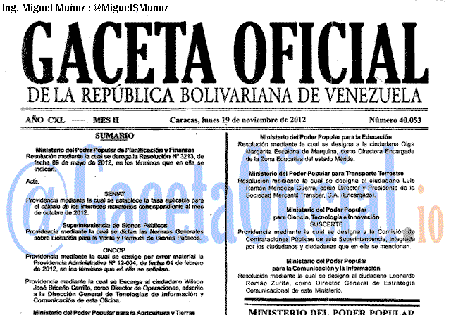 Gaceta Oficial 40053 del 19 Noviembre 2012