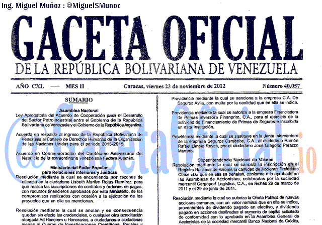 Gaceta Oficial 40057 del 23 Noviembre 2012