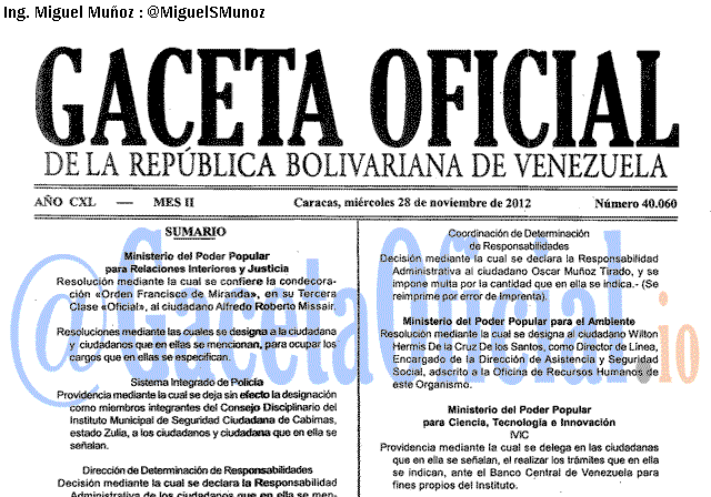 Gaceta Oficial 40060 del 28 Noviembre 2012