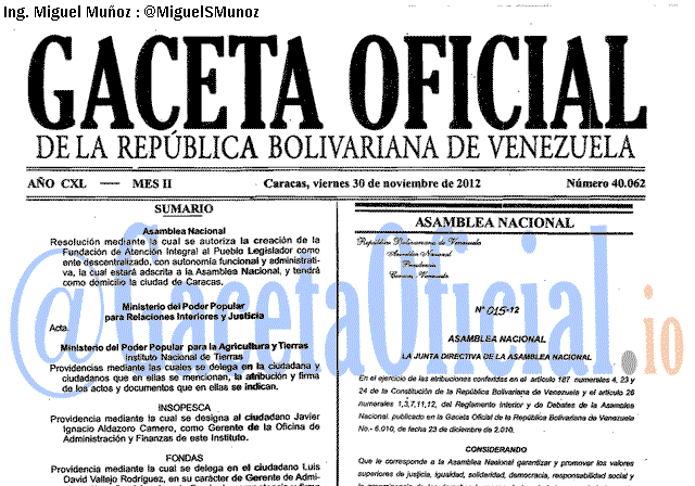 Gaceta Oficial 40062 del 30 Noviembre 2012