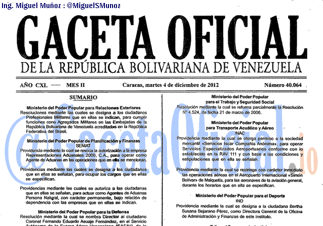 Gaceta Oficial 40064 del 4 Diciembre 2012
